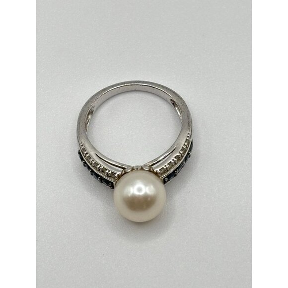 White Cultured Japanese Akoya Pearl & Blue Diamond Sterling Silver Ring - Picture 3 of 14